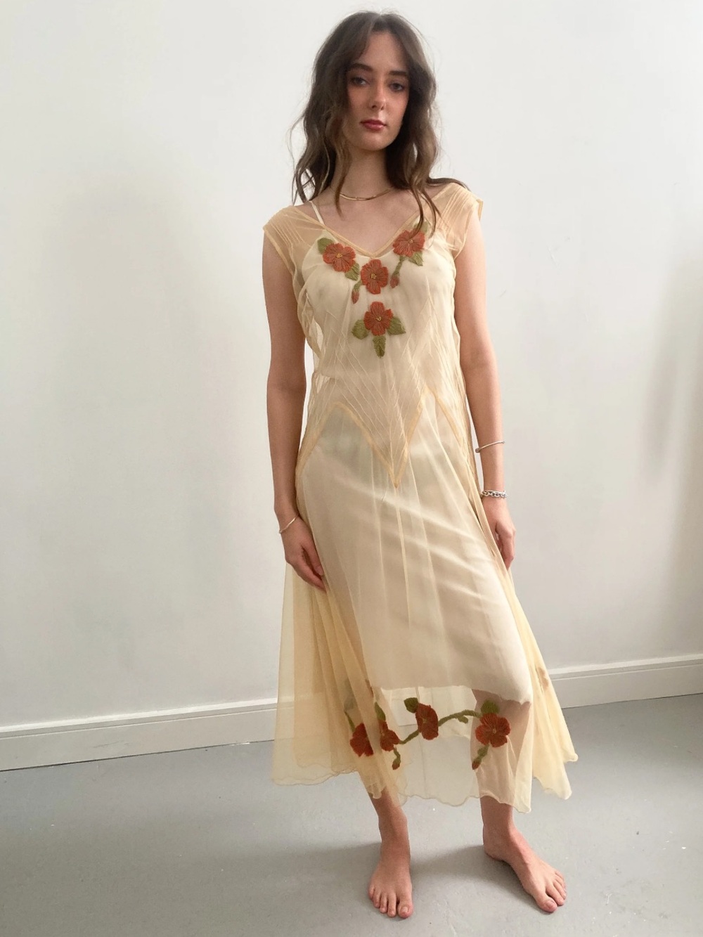 April Cornell Vintage Retro 1930s Romantic Floral Appliqué Maxi Dress Medium